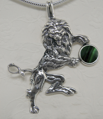 Sterling Silver Royal Rampant Lion Pendant With Malachite